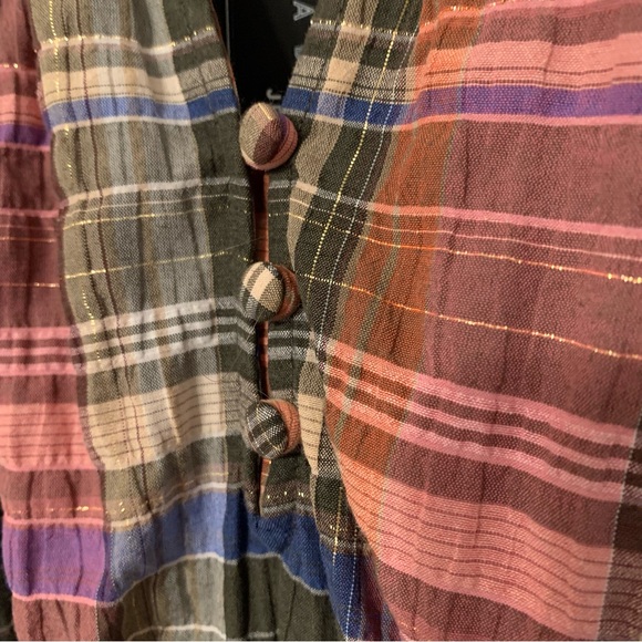 NWT Veronica Beard Denim Destiny Dress Short Ruffles Olive Pink Plaid Size 6 - Picture 8 of 11